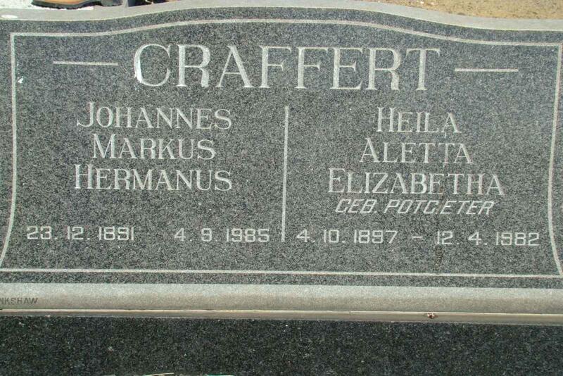 CRAFFERT Johannes Markus Hermanus 1891-1985 & Heila Aletta Elizabeth POTGIETER 1897-1982