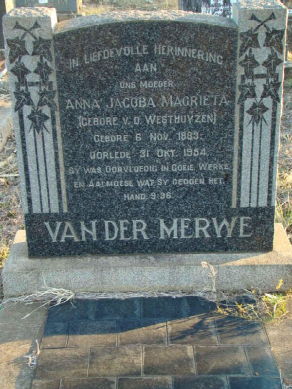 MERWE Anna Jacoba Magrieta, van der nee VAN DER WESTHUYZEN 1883-1954