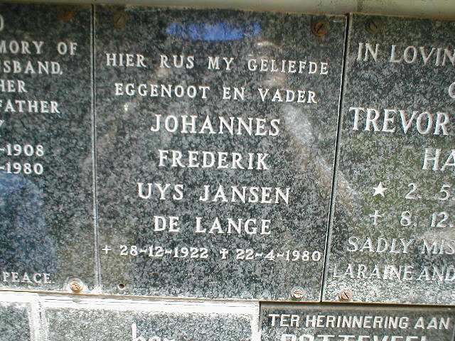 LANGE Johannes Frederick Uys Jansen, de 1922-1980