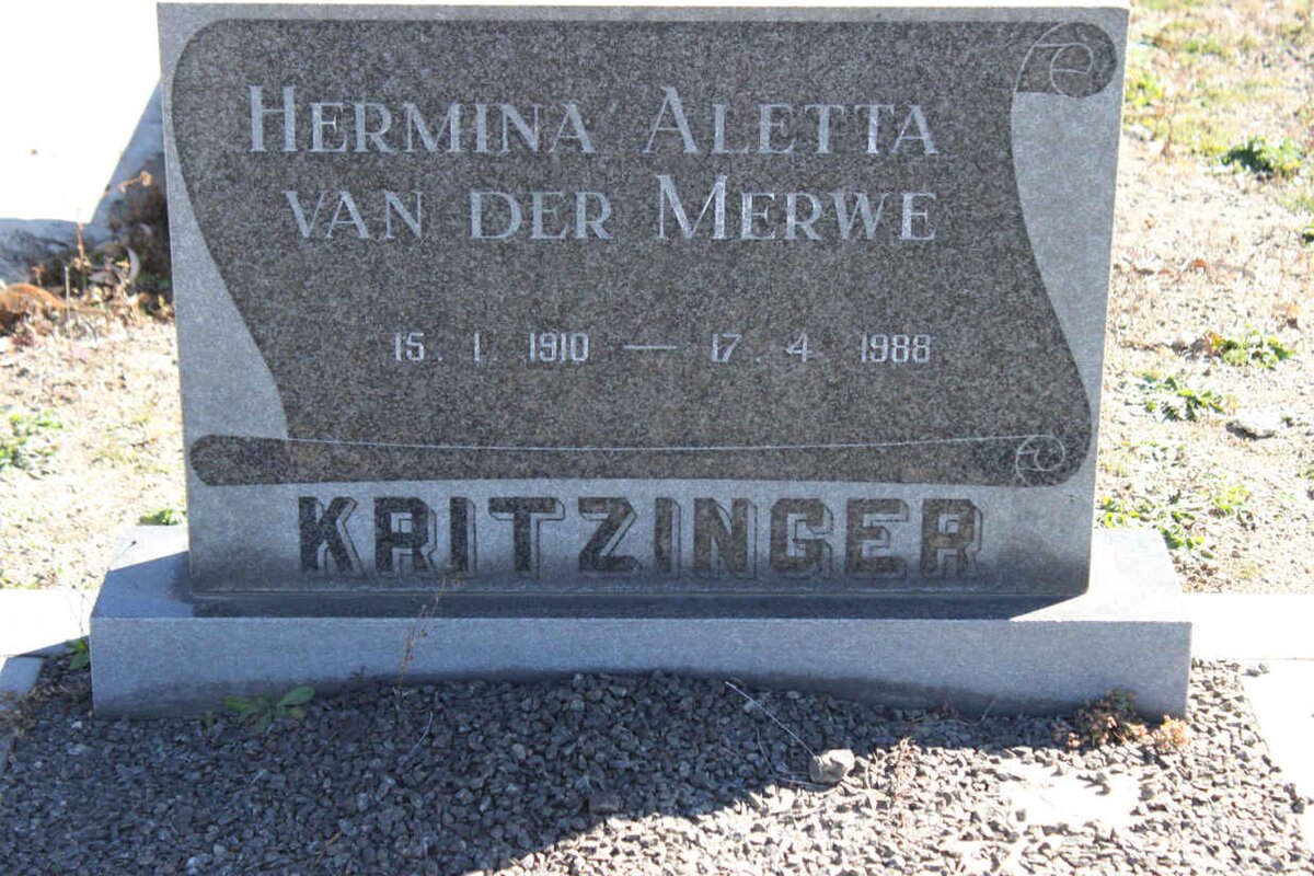 KRITZINGER Hermina Aletta nee VAN DER MERWE 1910-1988