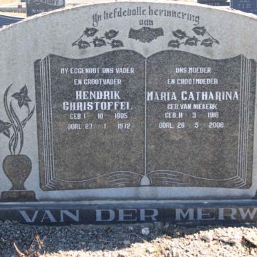MERWE Hendrik Christoffel, van der 1905-1972 &amp; Maria Catharina VAN NIEKERK 1916-2006