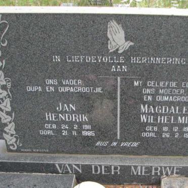 MERWE Jan Hendrik, van der 1911-1985 &amp; Magdalena Wilhelmina 1915-1984