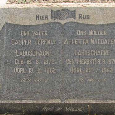 LABUSCHAGNE Casper Jeremia 1872-1962 &amp; Aletta Magdalena HERBST 1876-1963