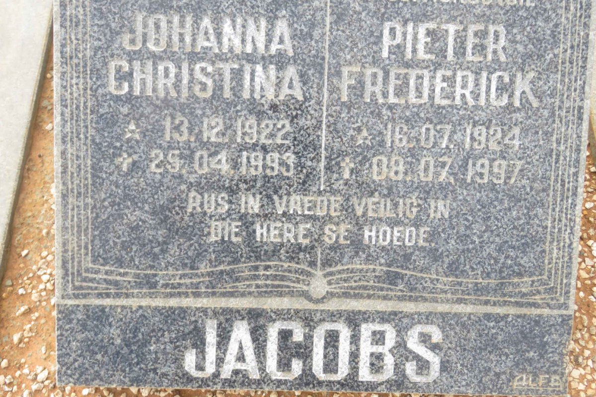 JACOBS Pieter Frederick 1924-1997 &amp; Johanna Christina 1922-1993