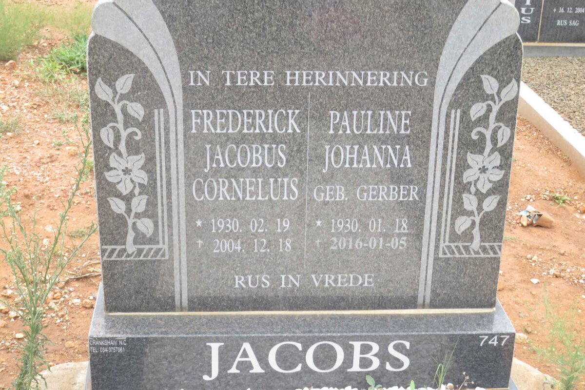 JACOBS Frederick Jacobus Corneluis 1930-2004 &amp; Pauline Johanna GERBER 1930-2016