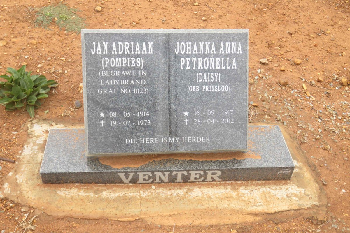 VENTER Jan Adriaan 1914-1973 &amp; Johanna Anna Petronalle PRINSLOO 1917-2012