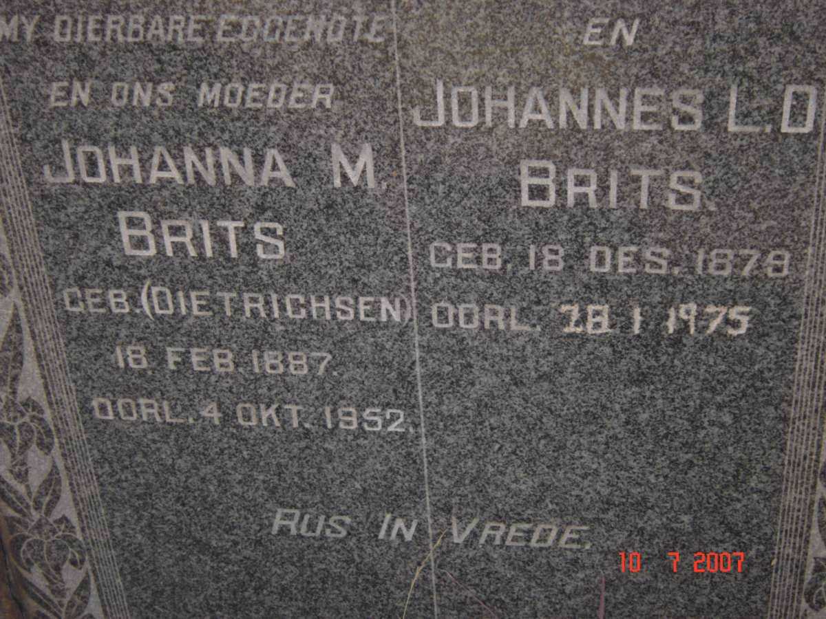 BRITS Johannes L.D. 1879-1975 &amp; Johanna M. DIETRICHSEN 1887-1952