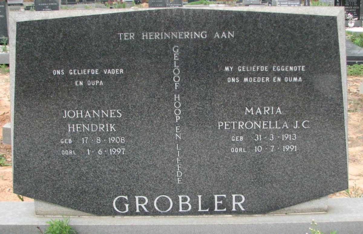 GROBLER Johannes Hendrik 1908-1997 &amp; Maria Petronella J.C. 1913-1991