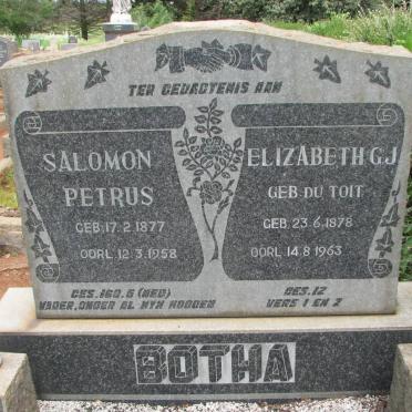 BOTHA Salomon Petrus 1877-1958 &amp; Elizabeth G.J. DU TOIT 1878-1963