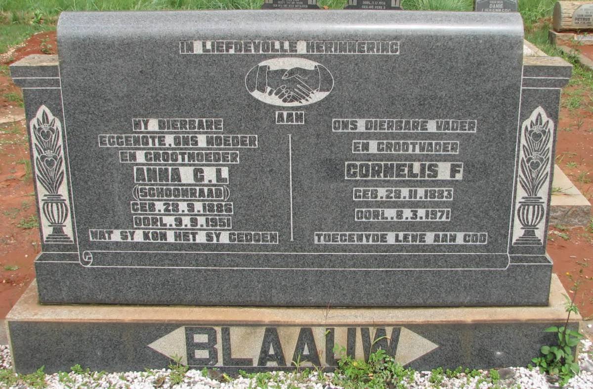 BLAAUW Cornelis F. 1883-1971 &amp; Anna G.L. SCHOONRAAD 1886-1951