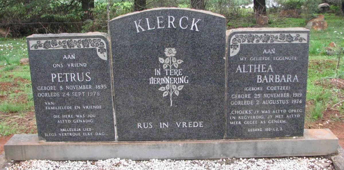 KLERCK Petrus 1895-1978 &amp; Althea Barbara COETZEE 1919-1974