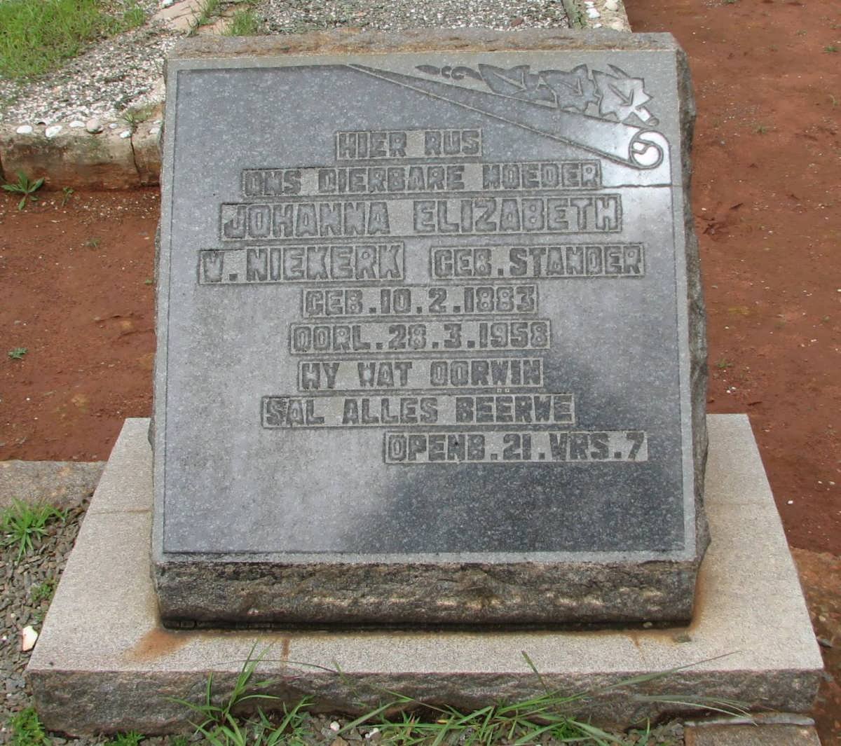 NIEKERK Johanna Elizabeth, van nee STANDER 1883-1958