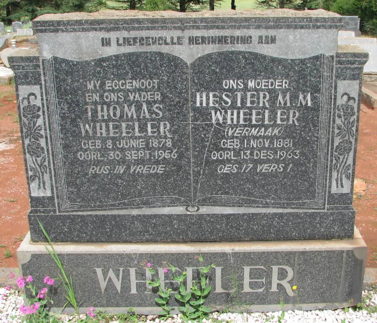 WHEELER Thomas 1878-1956 &amp; Hester M.M. VERMAAK 1881-1963
