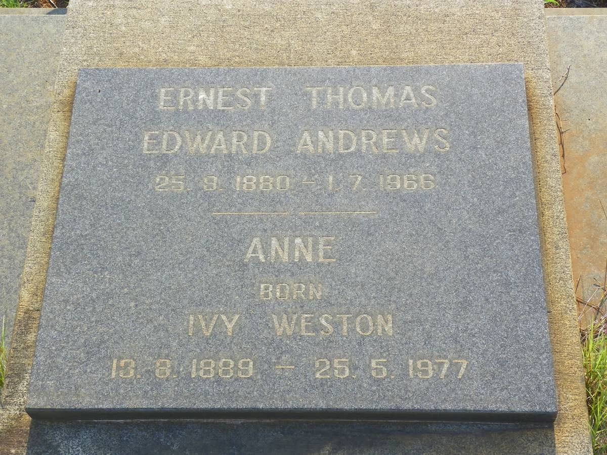ANDREWS Ernest Thomas Edward 1880-1966 &amp; Anne Ivy WESTON 1889-1977