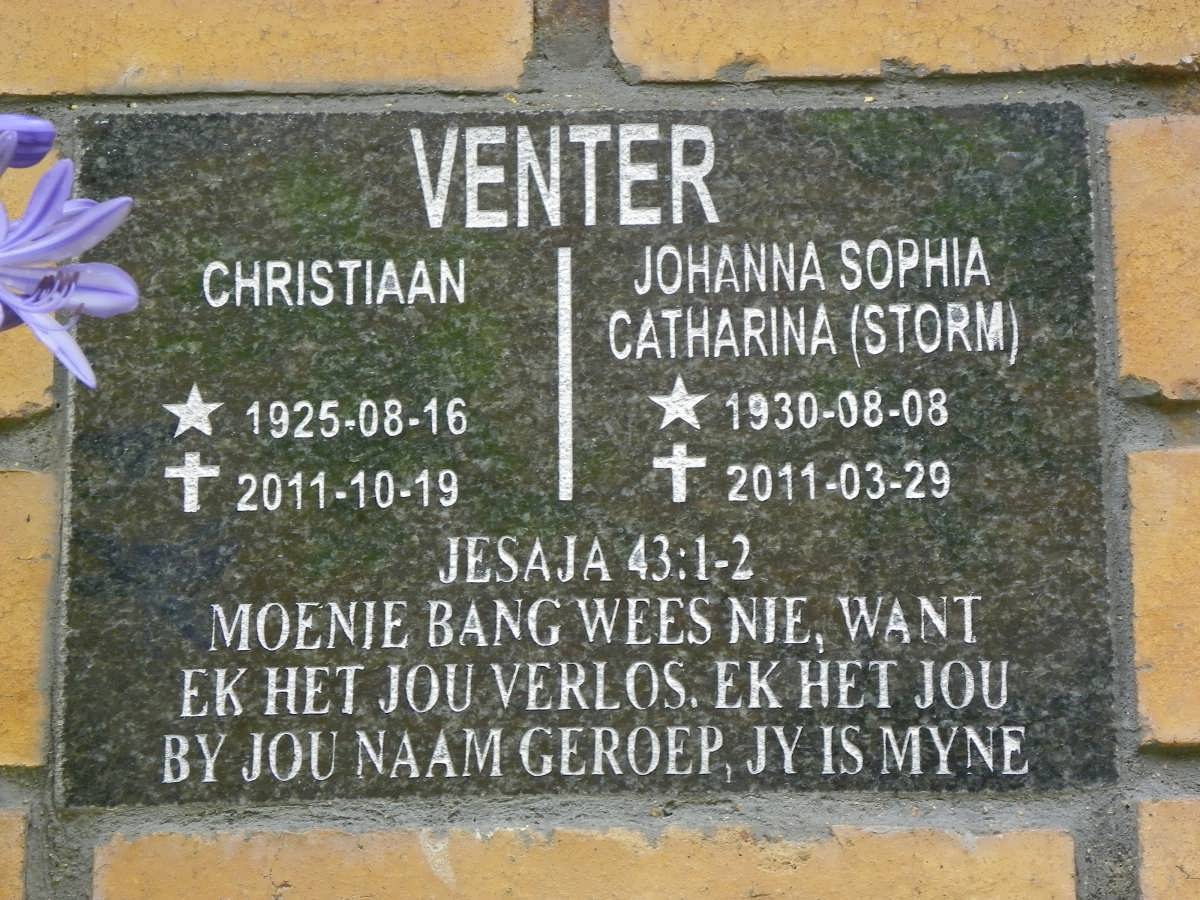 VENTER Christiaan 1925-2011 &amp; Johanna Sophia Catharina STORM 1930-2011