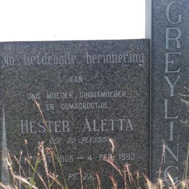 GREYLING Hester Aletta nee DU PLESSIS 190?-1983