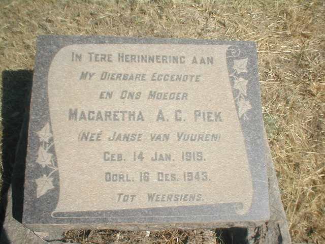 PIEK Magaretha A C nee JANSE VAN VUUREN 1915-1943