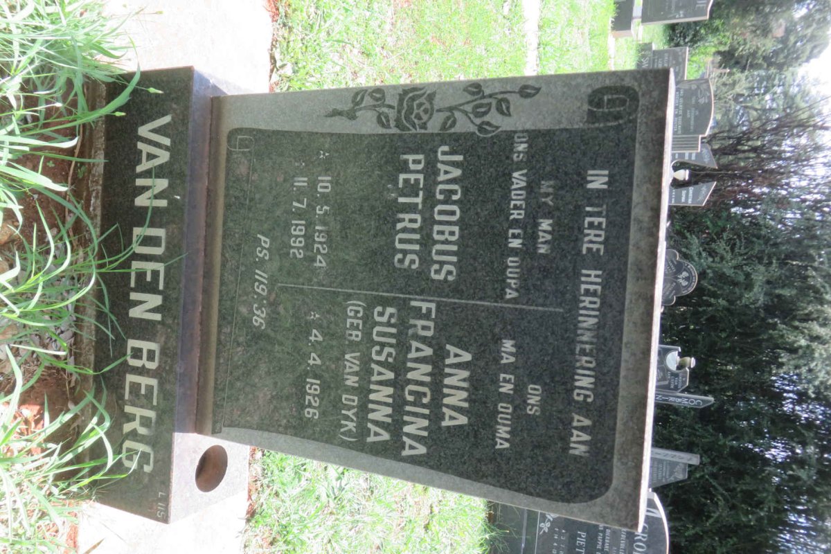 BERG Jacobus Petrus, van den 1924-1992 &amp; Anna Francina Susanna VAN DYK 1926-