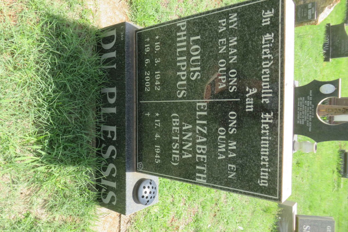 PLESSIS Louis Philippus, du 1942-2002 &amp; Elizabeth Anna 1945-