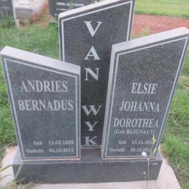 WYK Andries Bernardus, van 1929-2011 &amp; Elsie Johanna Dorothea BLIGNAUT 193?-2013