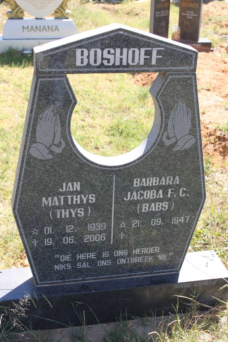 BOSHOFF Jan Matthys 1939-2006 &amp; Barbara Jacoba F.C. 1947-