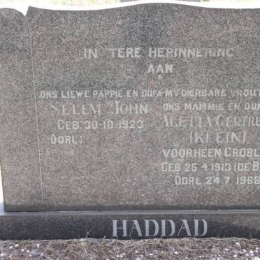 HADDAD Salem John 1923- &amp; Aletta Gertruida GROBLER geb DE BEER 1913-1968