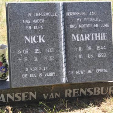 RENSBURG Nick, Jansen van 1933-2002 &amp; Marthie 1944-1999