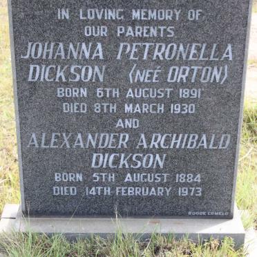 DICKSON Alexander Archibald 1884-1973 &amp; Johanna Petronella ORTON 1891-1930