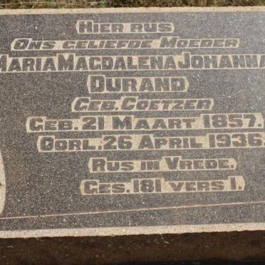 DURAND Maria Magdalena Johanna nee COETZER 1857-1936