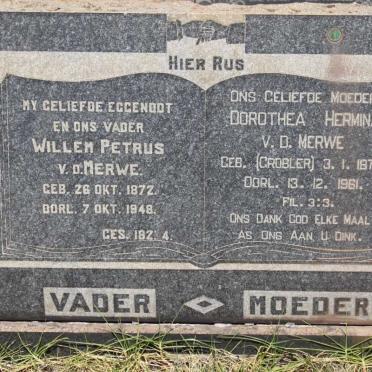 MERWE Willem Petrus, v.d. 1872-1948 &amp; Dorothea Hermina GROBLER 1973-1961