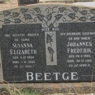 BEETGE Johannes Frederik 1905-1962 &amp; Susanna Elizabeth 1904-1980
