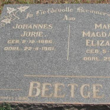 BEETGE Johannes Jurie 1886-1961 &amp; Maria Magdalena Elizabeth 1895-1959