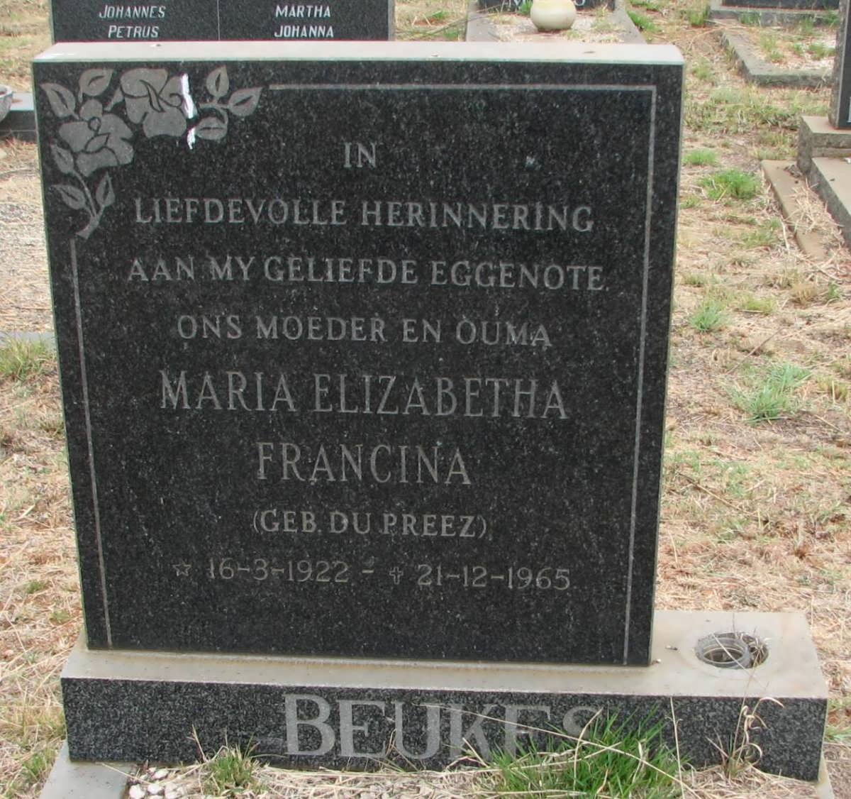 BEUKES Maria Elizabetha Francina nee DU PREEZ 1922-1965