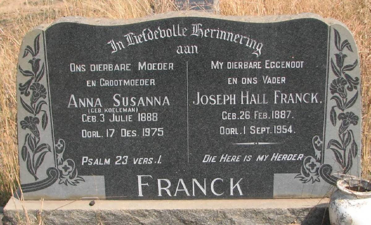 FRANCK Joseph Hall 1887-1954 &amp; Anna Susanna KOELEMAN 1888-1975
