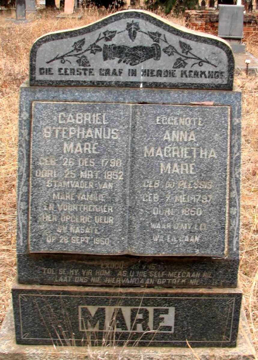 MARE Gabriel Stephanus 1790-1852 &amp; Anna Magrietha DU PLESSIS 1797-1850