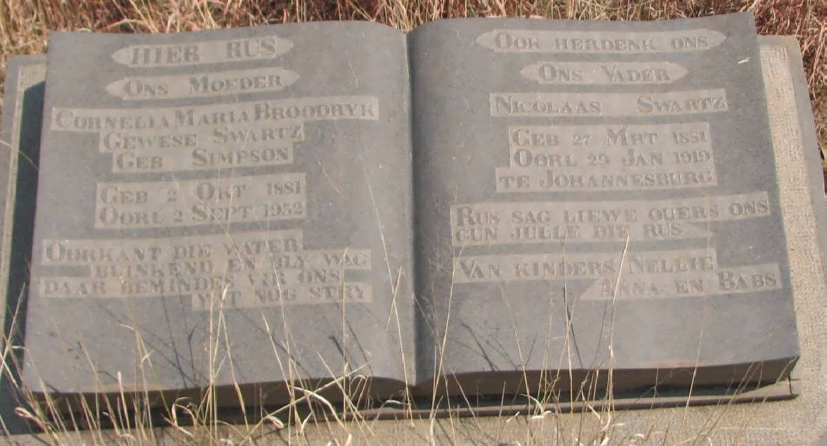 SWARTZ Nicolaas 1851-1919 &amp; Cornelia Maria BROODRYK nee SIMPSON 1881-1952