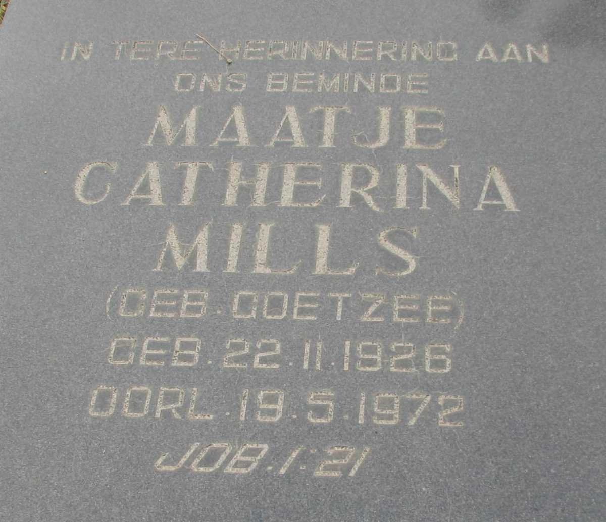 MILLS Maatje Catherina nee COETZEE 1926-1972