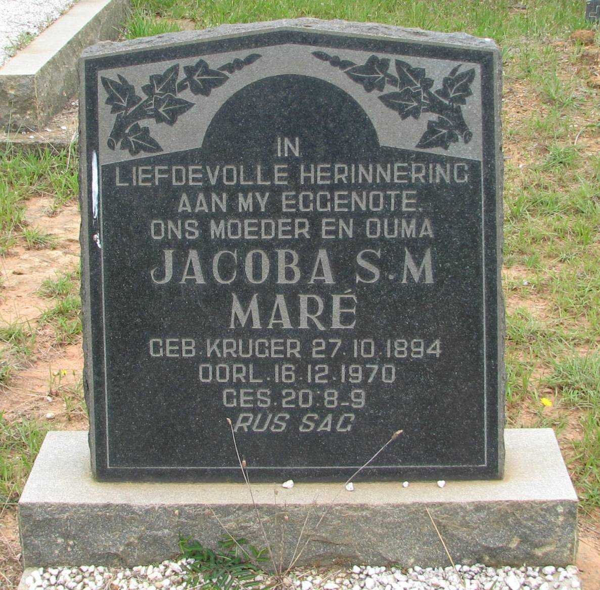 MARÉ Jacoba S.M. nee KRUGER 1894-1970