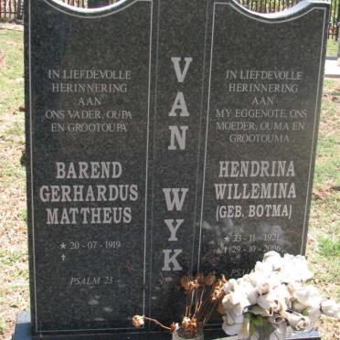 WYK Barend Gerhardus Mattheus, van 1919-  &amp; Hendrina Wilhelmina BOTMA 1921-2006