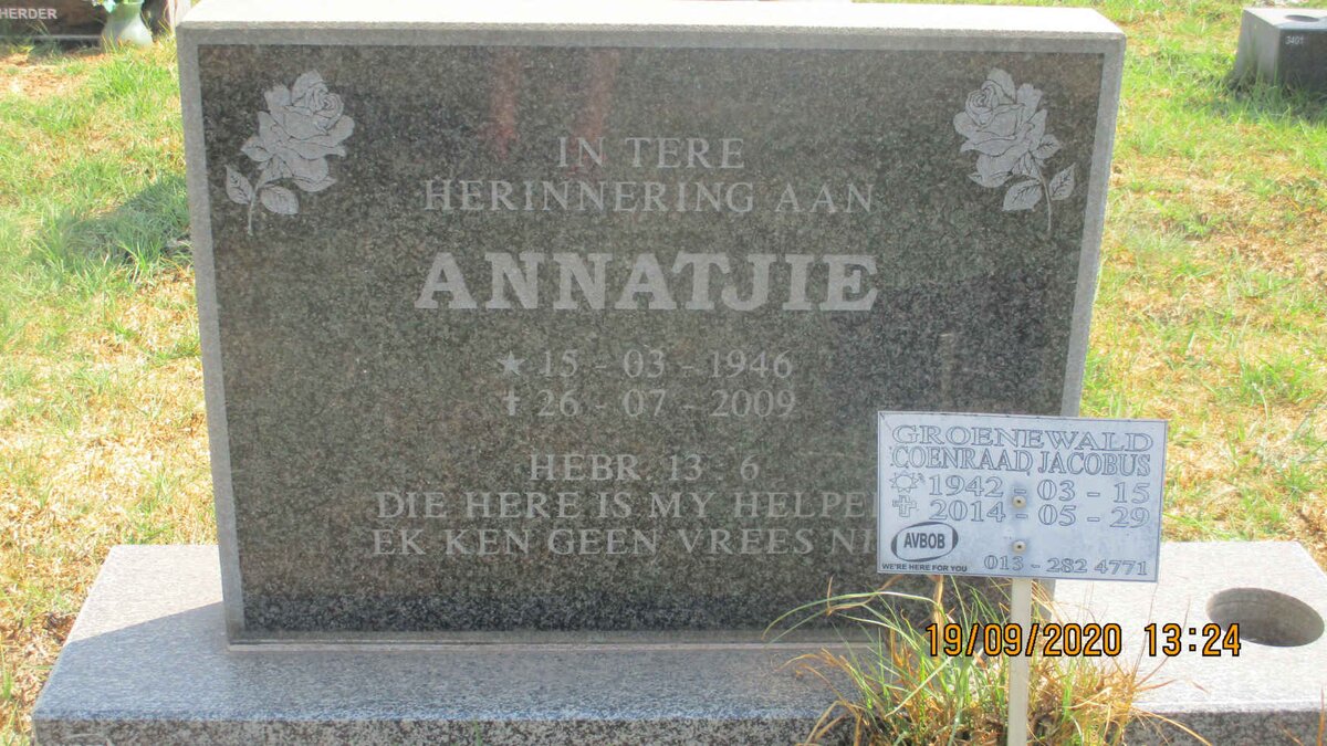 GROENEWALD Coenraad Jacobus 1942-2014 &amp; Annatjie 1946-2009