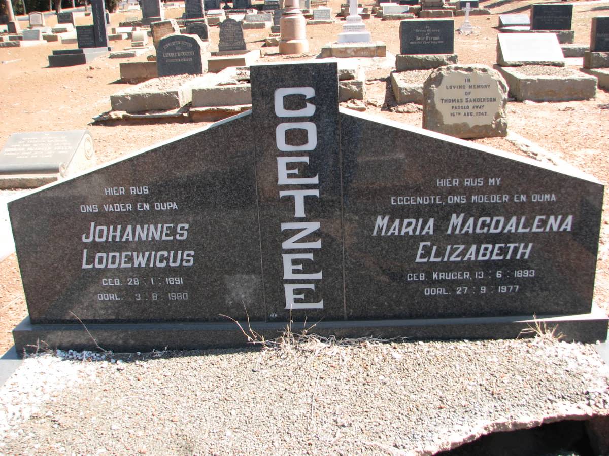 COETZEE Johannes Lodewicus 1891-1980 &amp; Maria Magdalena Elizabeth KRUGER 1893-1977