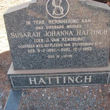HATTINGH Susarah Johanna formerly DU PLESSIS nee J. VAN RENSBURG 1861-1952