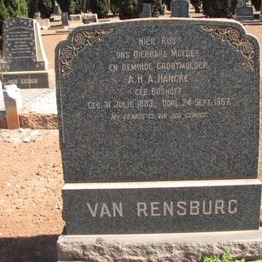 HANCKE A.H.A. formerly van RENSBURG nee BOSHOFF 1883-1957