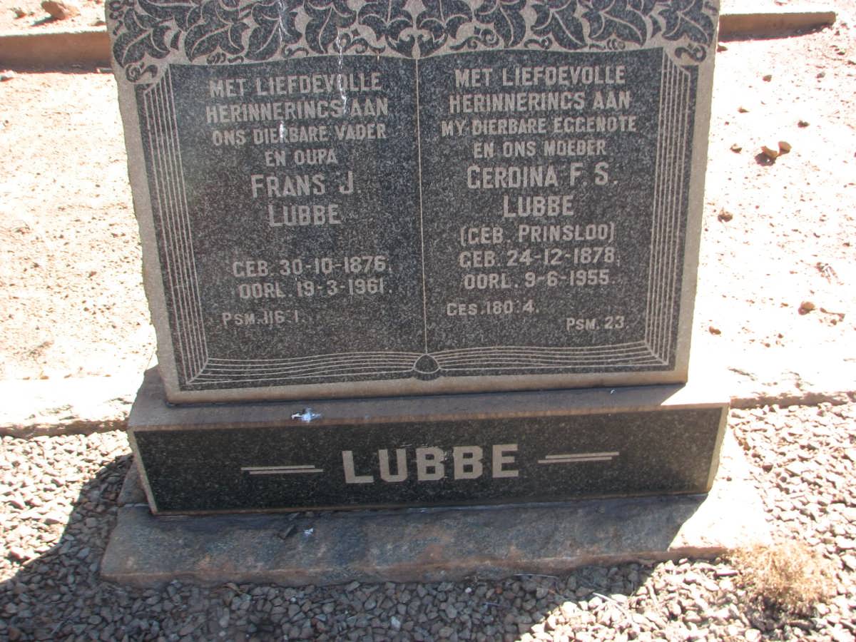 LUBBE Frans J. 1876-1961 &amp; Gerdina F.S. PRINSLOO 1878-1955