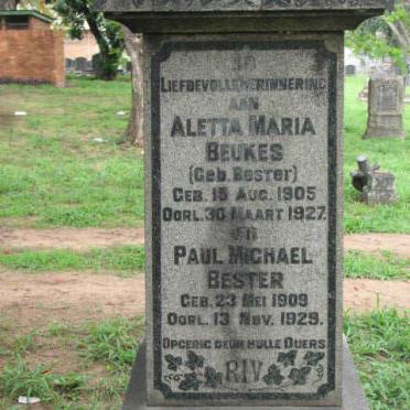 BEUKES Aletta Maria nee BESTER 1905-1927 :: BESTER Paul Michael 1909-1929