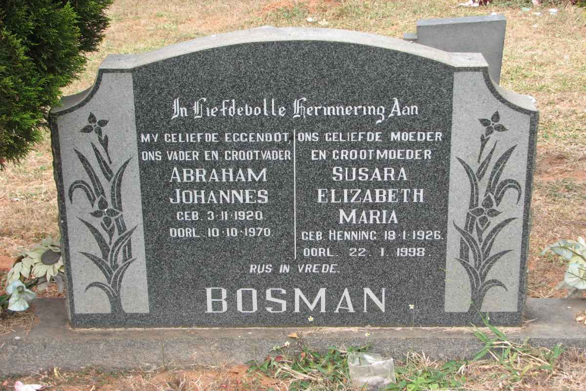 BOSMAN Abraham Johannes 1920-1970 &amp; Susanna Elizabeth Maria HENNING 1926-1998