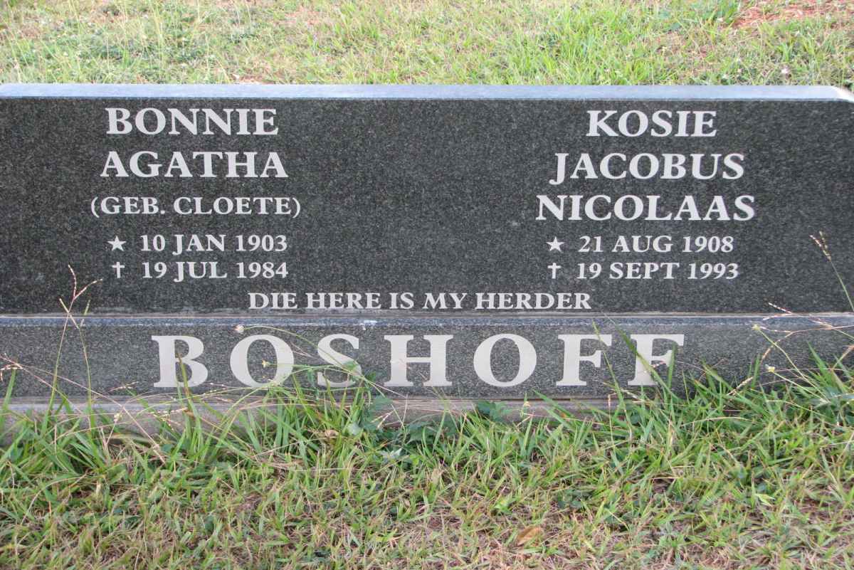 BOSHOFF Kosie Jacobus Nicolaas 1908-1993 &amp; Bonnie Agatha CLOETE 1903-1984