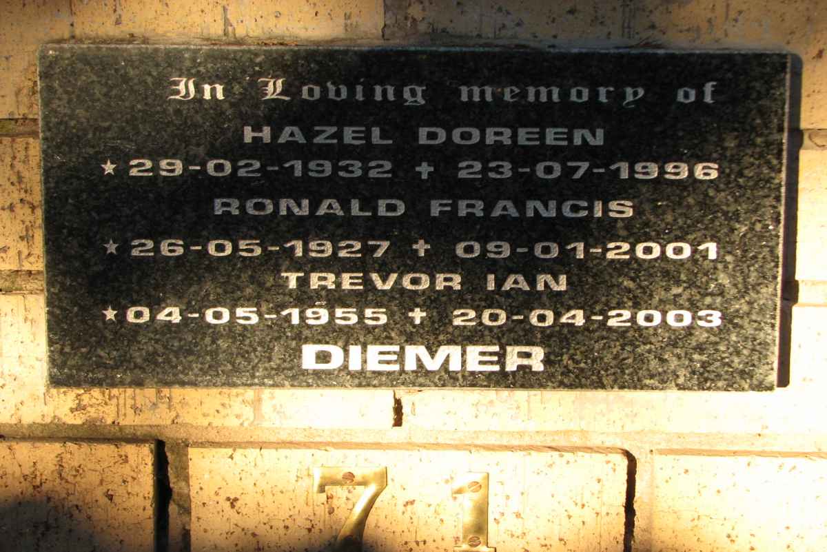 DIEMER Ronald Francis 1927-2001 &amp; Hazel Doreen 1932-1996 :: DIEMER Trevor Ian 1955-2003