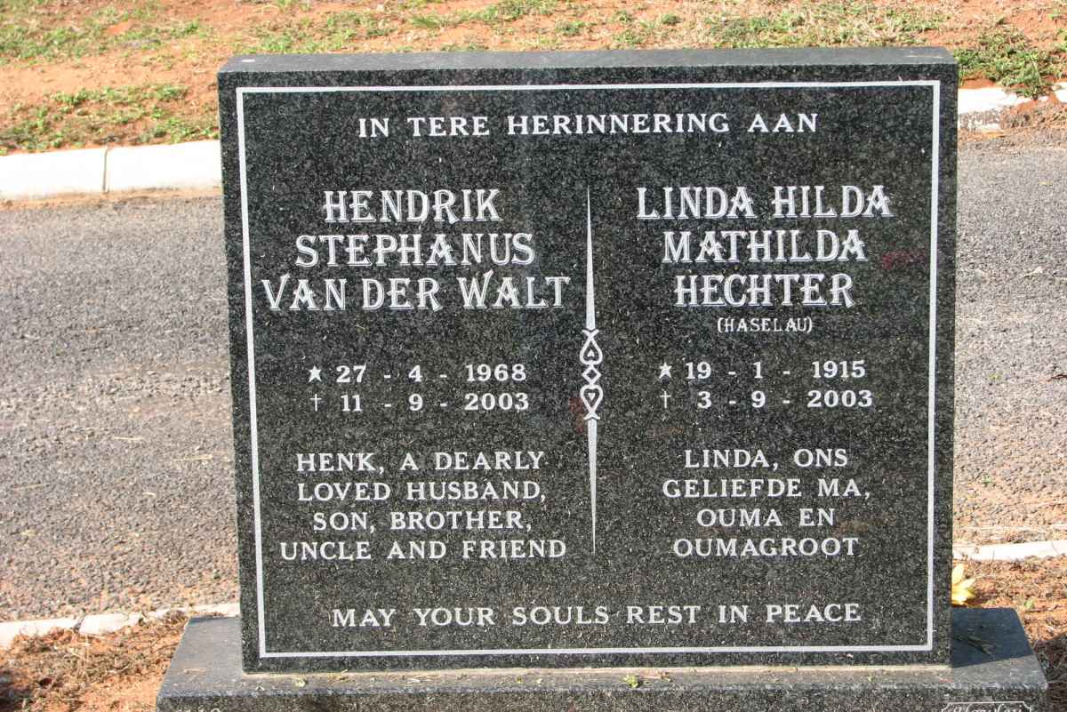 HECHTER Linda Hilda Mathilda nee HASELAU 1915-2003 :: VAN DER WALT Hendrik Stephanus 1968-2003