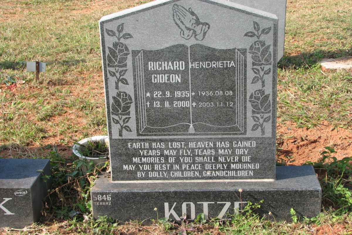 KOTZE Richard Gideon 1935-2000 &amp; Hendrietta 1936-2003